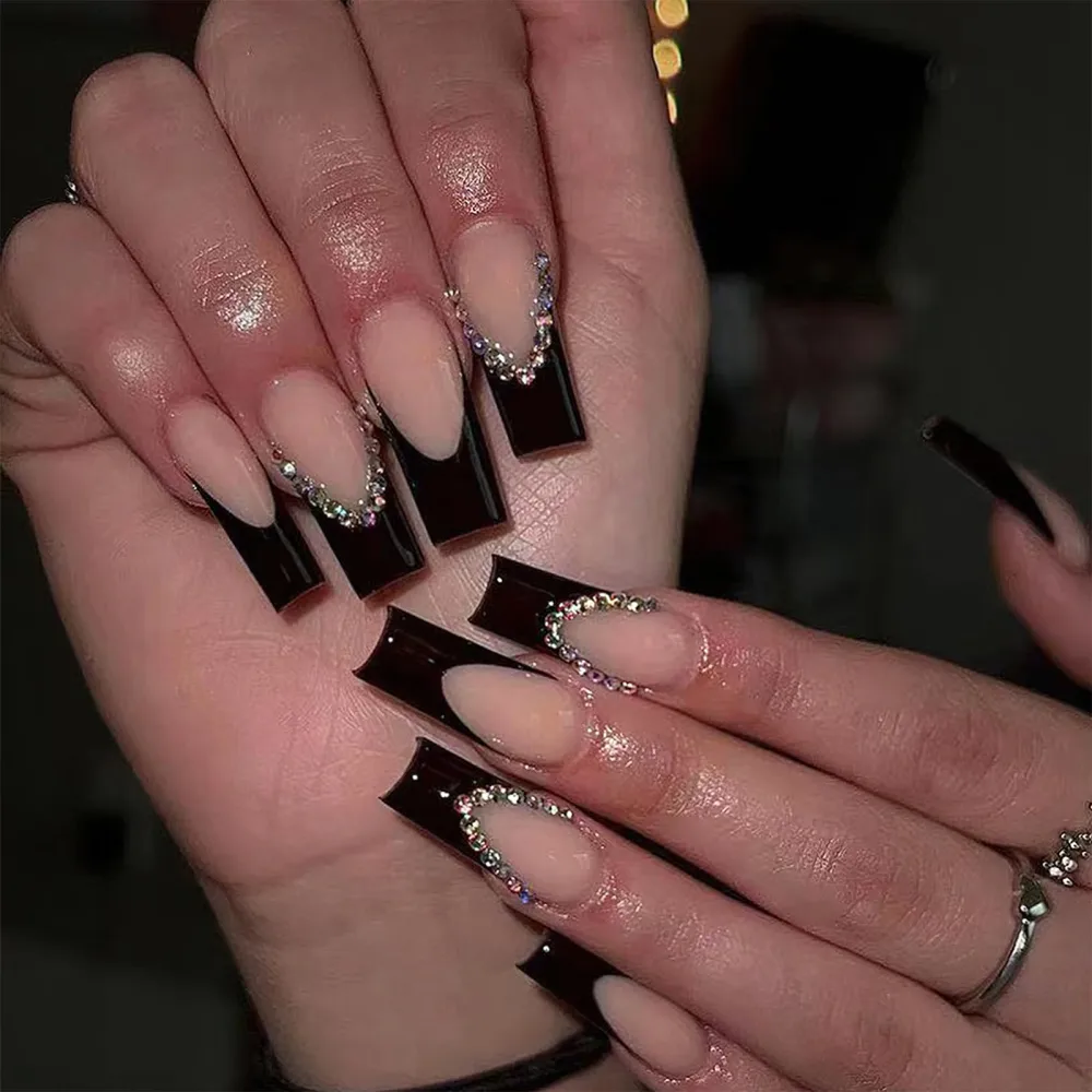 French Tip Press on Nails Medium Square Fake Nails Black French Long False Nails Glossy Nude Glue on Nails with Rhinestones Luxury Reusable Full Cover Acrylic Nails for Women Nail Decoration 24Pcs