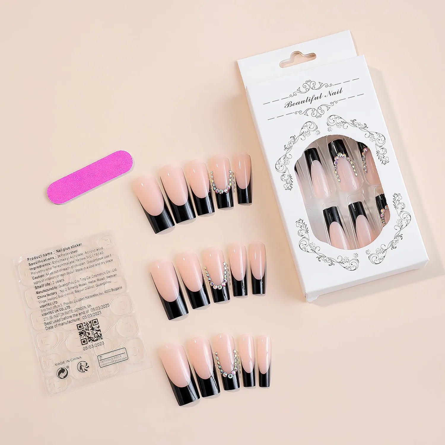 French Tip Press on Nails Medium Square Fake Nails Black French Long False Nails Glossy Nude Glue on Nails with Rhinestones Luxury Reusable Full Cover Acrylic Nails for Women Nail Decoration 24Pcs