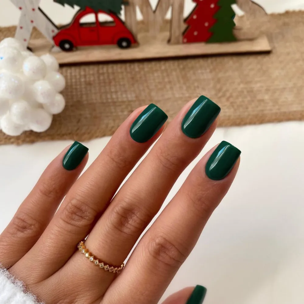 48 PCS Dark Green Press on Nails Short Square Nails Acrylic,KXAMELEI Fake Nails Short Coffin Stick on Nails for Women Feature Gel Finish,Short False Nails Press on Glue on Nails for DIY Home Manicure