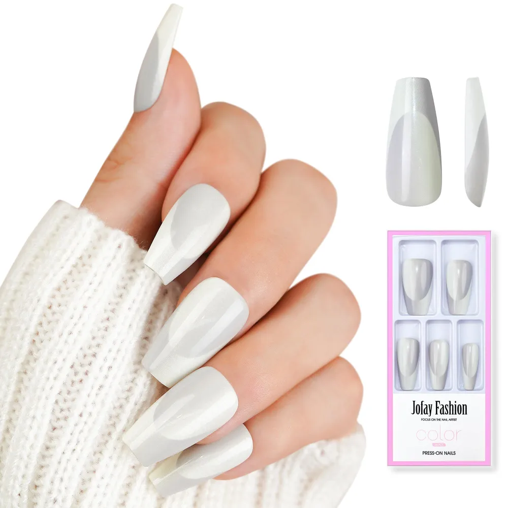 White French Press on Nails Medium, Jofay Fashion Coffin French Fake Nails Reusable Glue on Nails, Glossy Salon Like Acrylic False Nail Tips Artificial Finger Manicure for Women and Girls 24pcs12 Size