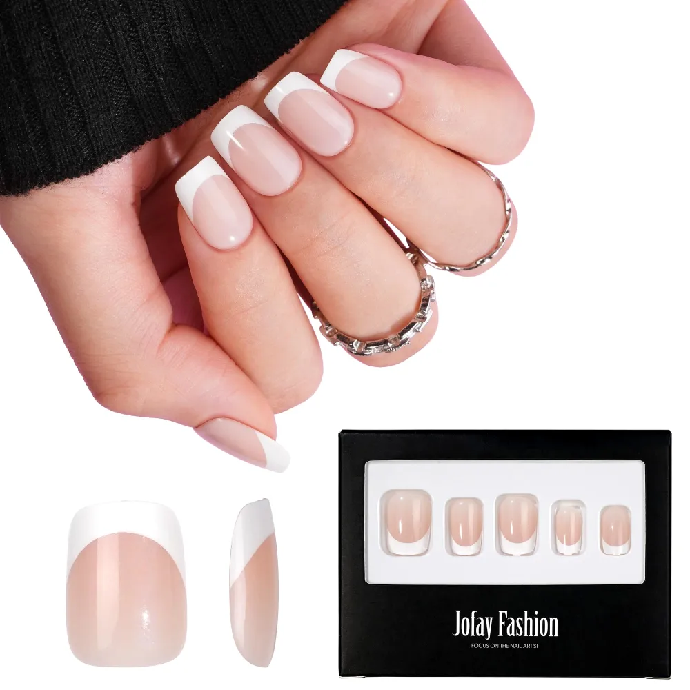 French Tip Press On Nails Short-Jofay Fashion White French Tips Gel Nail Tips Square Natural Reusable Stick on Nails, Salon Like Glue on Nails in 12 Sizes - 24 Acrylic Fake Nails Kit (Classic French)