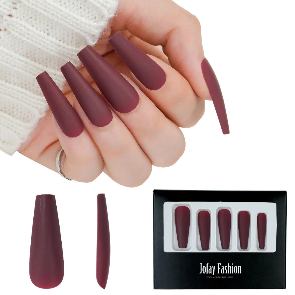 Press on Nails Long Coffin Solid Color Stick on Nails Wine Red Matte Full Cover Acrylic Fake Nails, Extra Long Reusable Salon Like False Nails with Glue (Dark Red)