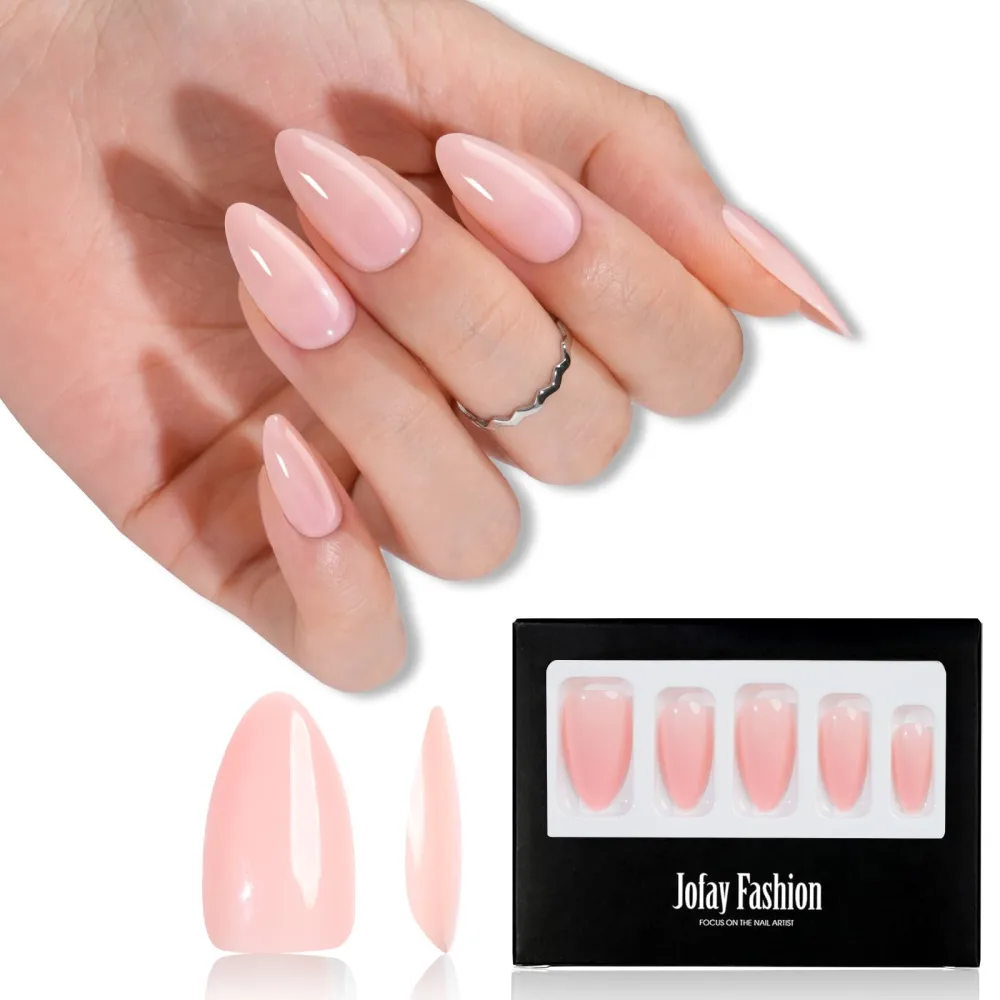 Nude Press on Nails Almond Medium, Jofay Fashion Natural Jelly Fake Nails, Valentines Press on Nails, Reusable False Nails with Glue,