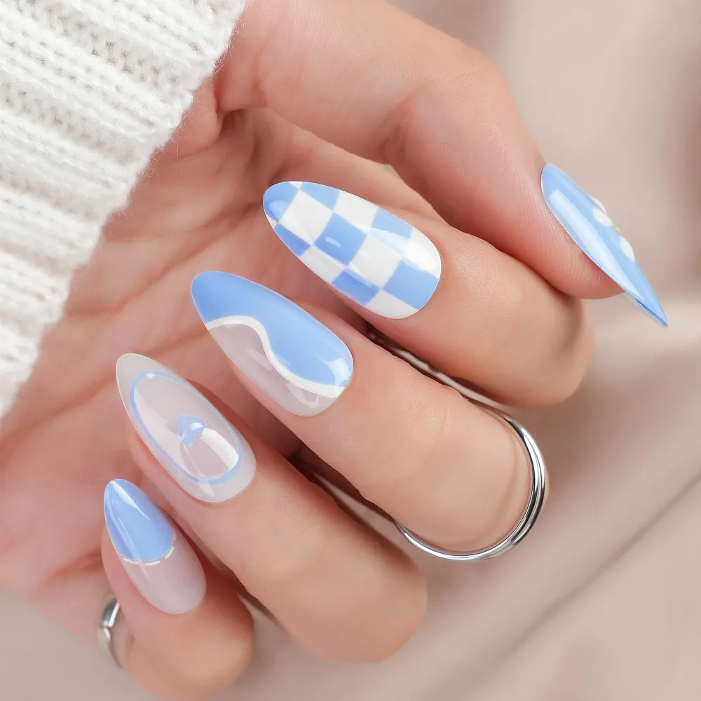 Blue Press on Nails Medium Almond, Jofay Fashion Fake Nails with Flowers and Checkerboard Designs, Acrylic False Nails with Glue, Stick on Nails for Women Girls Gift, Soft Gel Glue on Nails Kit, 24pcs