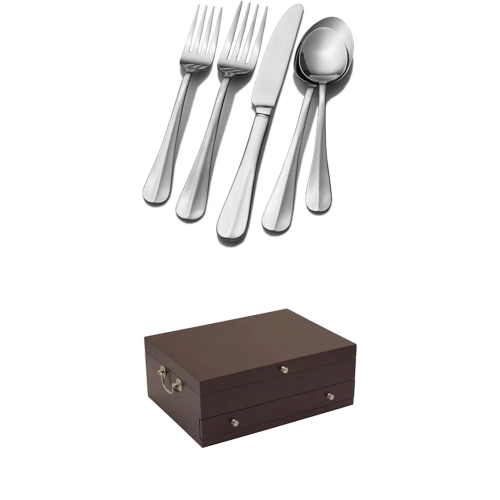 Pfaltzgraff Everyday Simplicity 53-Piece Stainless Steel Flatware Set, Service for 8 and 15 inch Flatware Storage Chest with Drawer