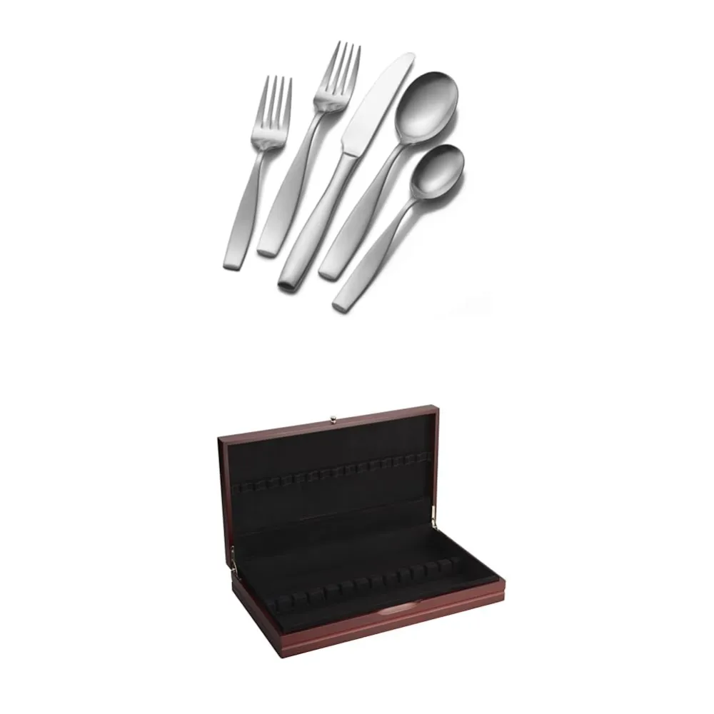 Mikasa 5081298 Satin Loft 65-Piece 18/10 Stainless Steel Flatware Set with Serving Utensil Set, Service for 12 and 19 inch Flatware Storage Chest