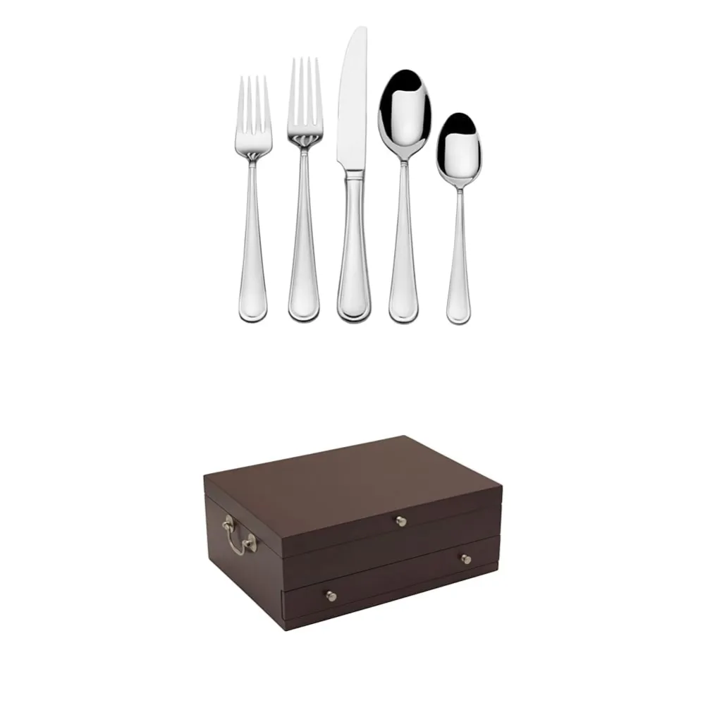 Mikasa Virtuoso 65 Piece Stainless Steel Flatware Set, Service For 12 and 15 inch Flatware Storage Chest with Drawer