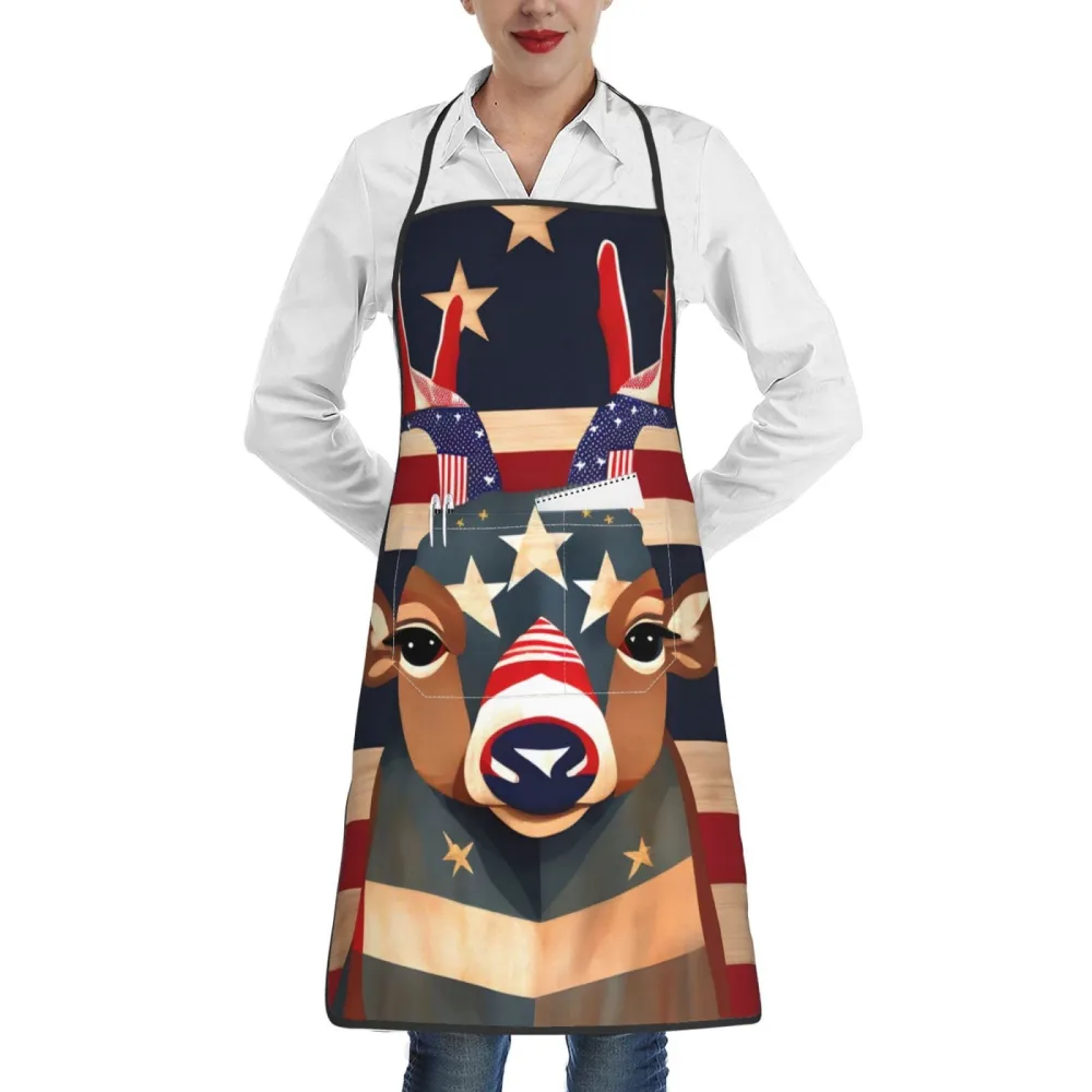 Rich&Rabbit Americana Flag Deer Print Kitchen Apron with pockets, Apron for cooking waitress bistro baking gardening painting