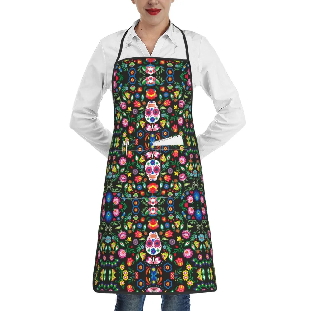 Rich&Rabbit Sugar Horror Skull and Flowers Print Kitchen Apron with pockets, Apron for cooking waitress bistro baking gardening painting, White