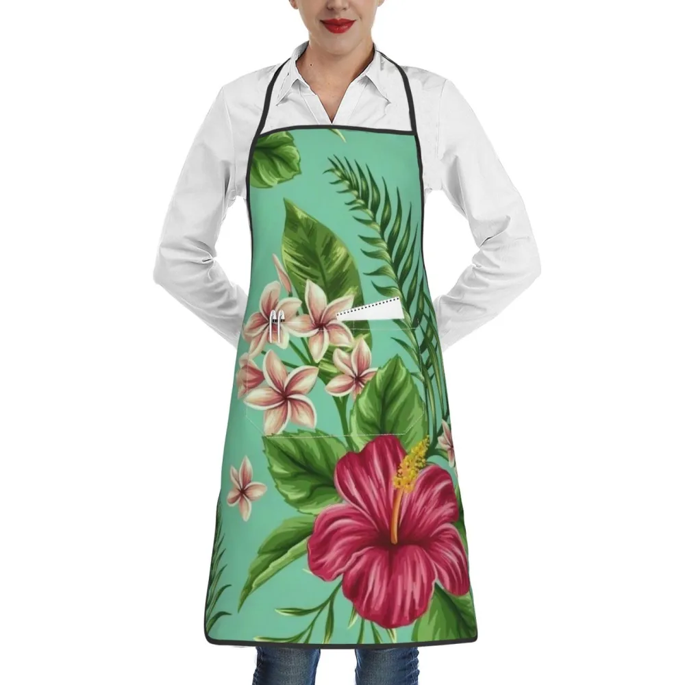 Rich&Rabbit Hawaiian Tropical Leaves Flowers Print Kitchen Apron with pockets, Apron for cooking waitress bistro baking gardening painting, White