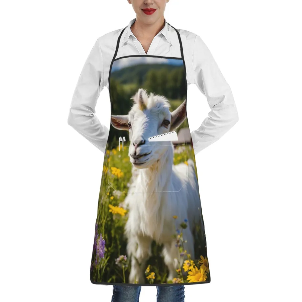 Rich&Rabbit Goat Print Kitchen Apron with pockets, Apron for cooking waitress bistro baking gardening painting, White