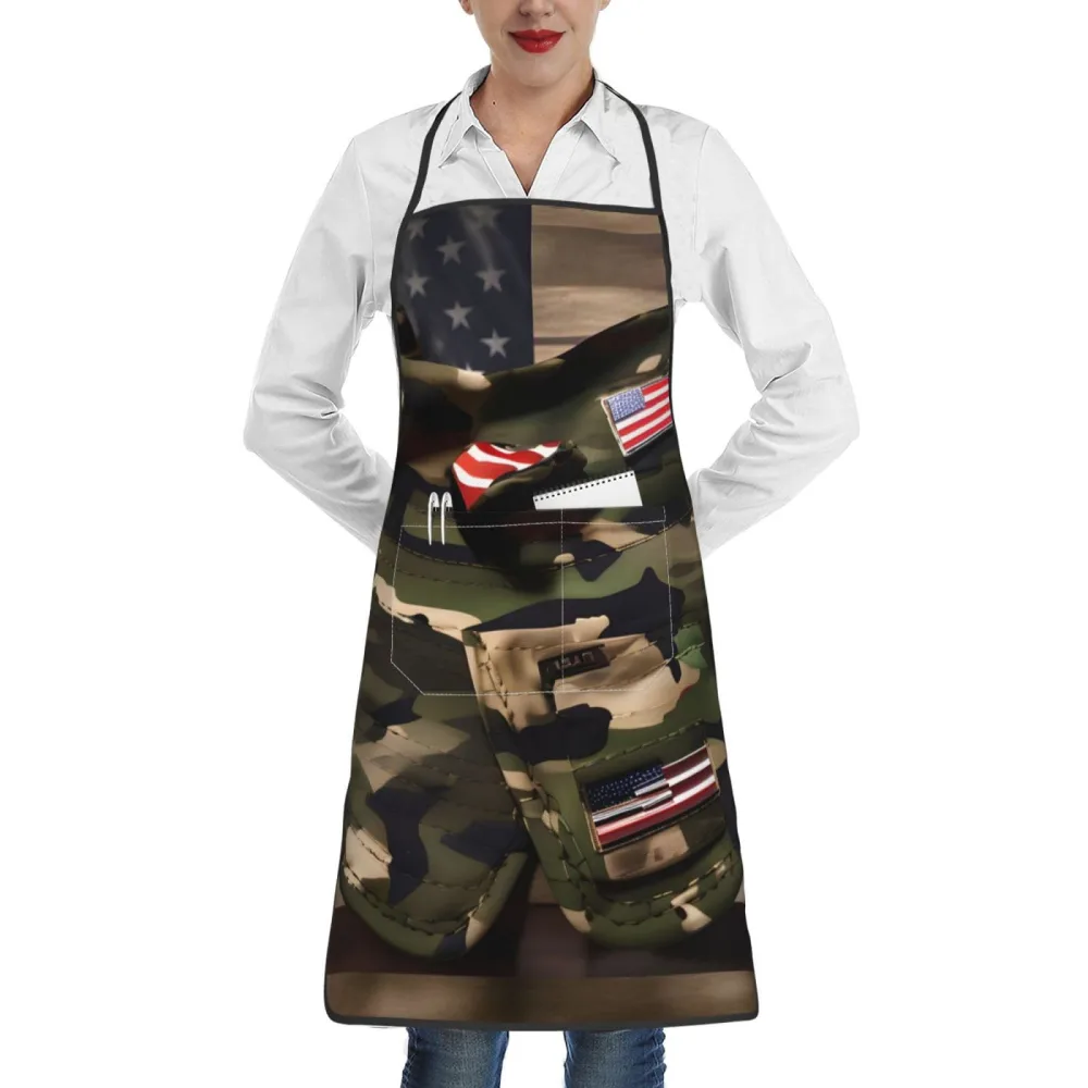 Rich&Rabbit Camo American Flags Print Kitchen Apron with pockets, Apron for cooking waitress bistro baking gardening painting, White