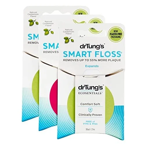 DrTung's Smart Floss - Natural Floss, PTFE & PFAS Free Floss, Gentle on Gums, Expands & Stretches, BPA Free Floss - Natural Dental Floss Cardamom Flavor, Colors May Vary (Pack of 3)