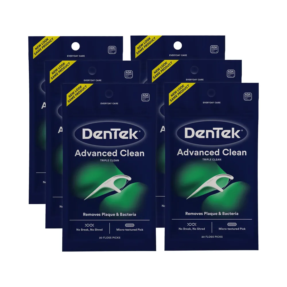 DenTek Triple Clean Advanced Clean Floss Picks, No Break & No Shred Floss, 20 Count, 6 Pack