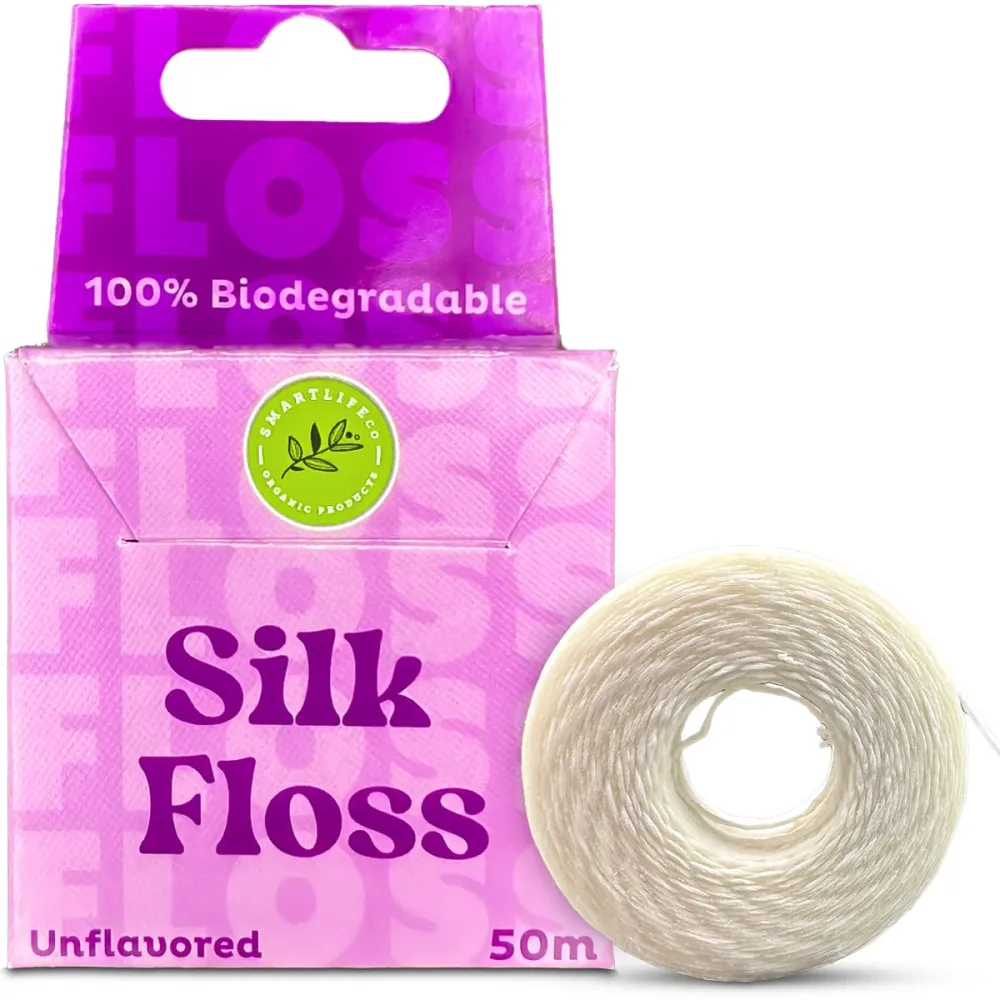 Vegan Silk Dental Floss - Biodegradable Plastic Free Bamboo String | Zero Waste Eco-Friendly Oral Care | Natural Compostable for Adults & Kids Tight Teeth | Soft Organic Easy Glide - Unflavored 55yds