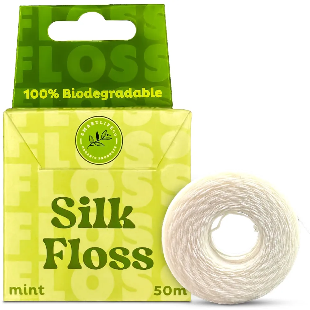 Vegan Silk Dental Floss String - Biodegradable Plastic Free Bamboo Floss | Zero Waste Eco-Friendly Oral Care | Natural Compostable for Adults & Kids Tight Teeth | Soft Organic Easy Glide - Mint 55yds