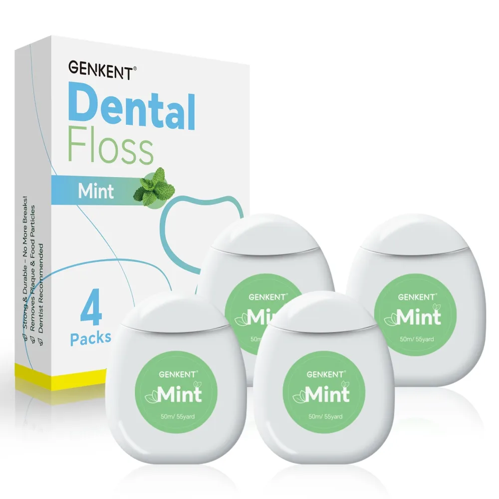 GENKENT Waxed Dental Floss Effective plaque removal, Shred-Resistant, Extra Wide Cleaning Surface, Slides Smoothly & Easily, Mint Flavored tooth floss picks- 55 Yards, 4 Pack