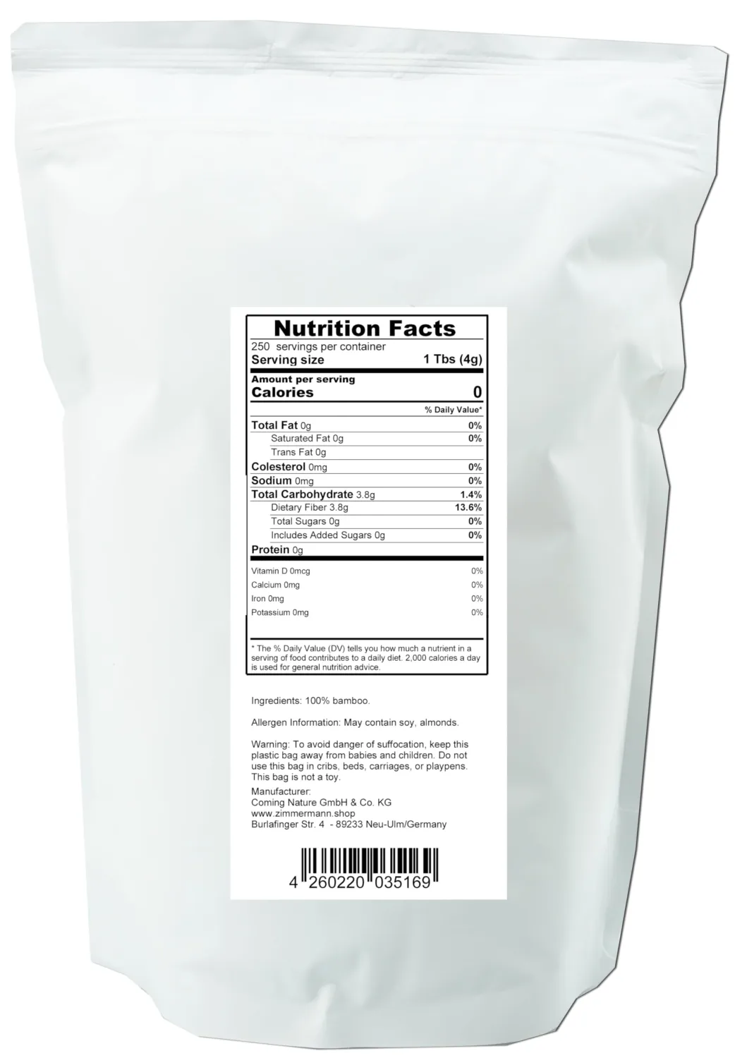 Bamboo Fiber 2.2lb 1000g, Gluten Free, Non GMO, Keto Flour, 100% Bamboo, by Zimmermann Sportsnutrition
