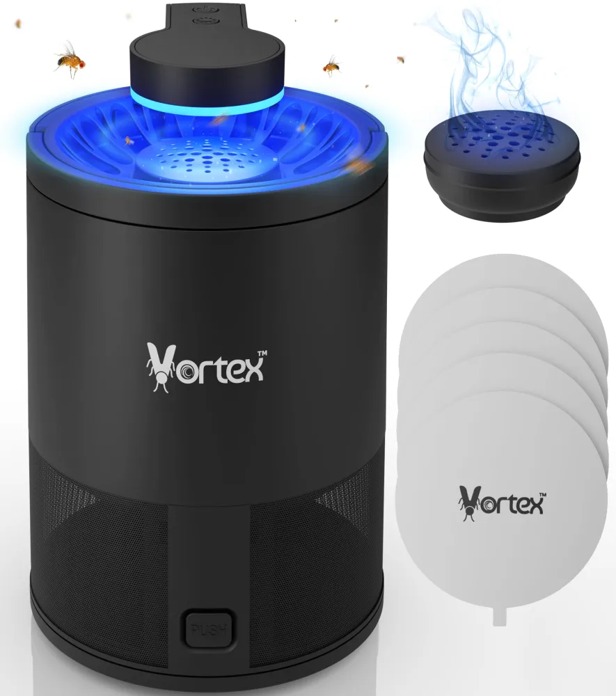 Vortex Indoor Insect Trap - Catcher & Killer for Fruit Flies, Gnat, Mosquito, Moth - UV Light Non Zapper Suction Glue Board - Bug Light Fruit Fly Trap (Black)