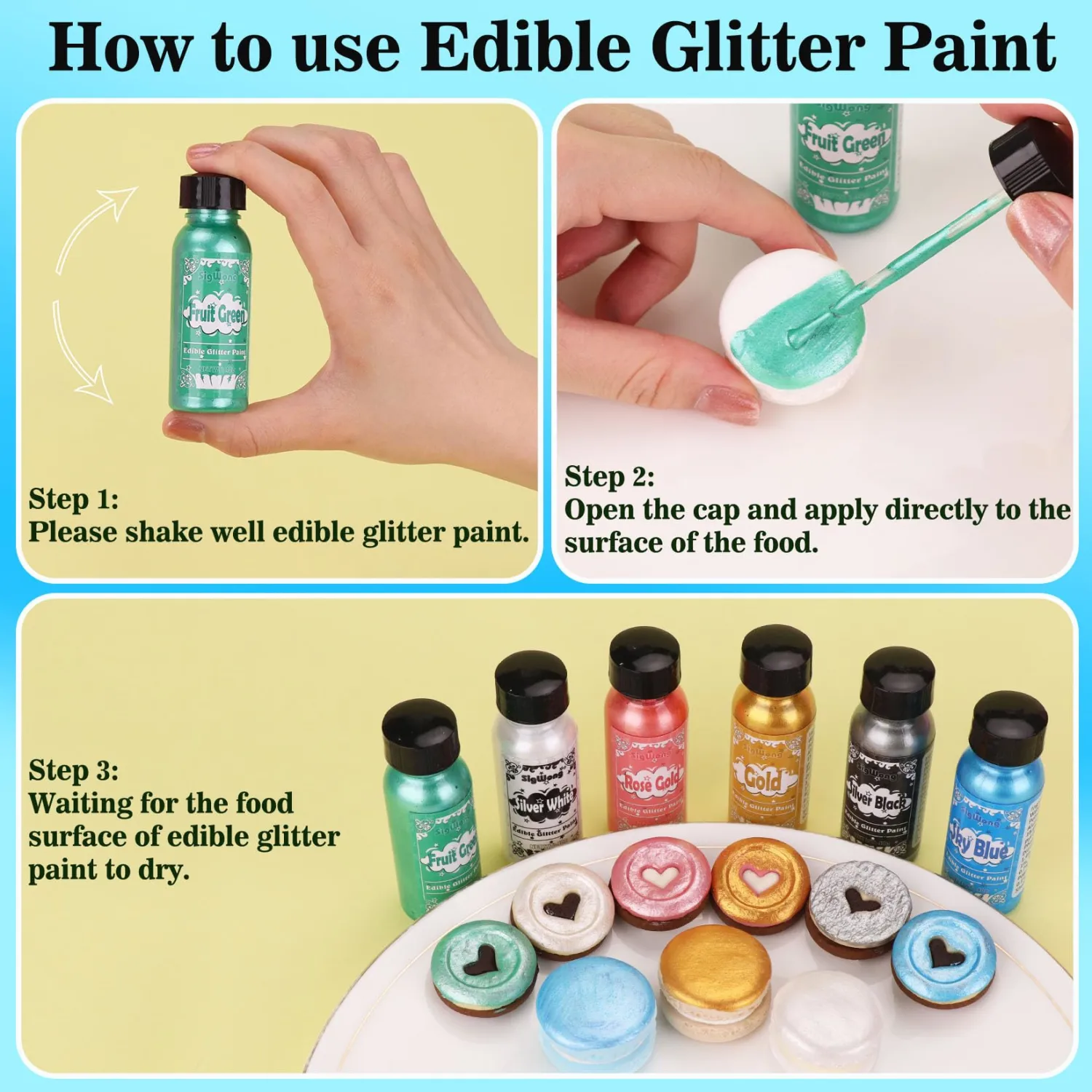 Edible Glitter Paint - 40g Sky Blue Liquid Edible Cake Paint Food Coloring, Food Grade Liquid Luster Dust Metallic Paint for Cake Decorating, Baking, Macaron, Chocolate, Candy, Cookie