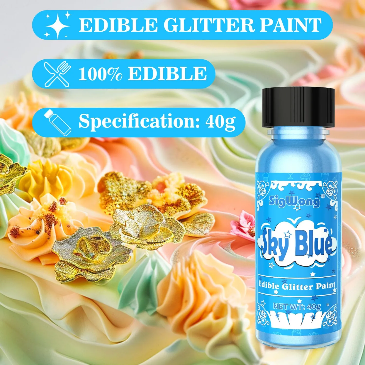 Edible Glitter Paint - 40g Sky Blue Liquid Edible Cake Paint Food Coloring, Food Grade Liquid Luster Dust Metallic Paint for Cake Decorating, Baking, Macaron, Chocolate, Candy, Cookie