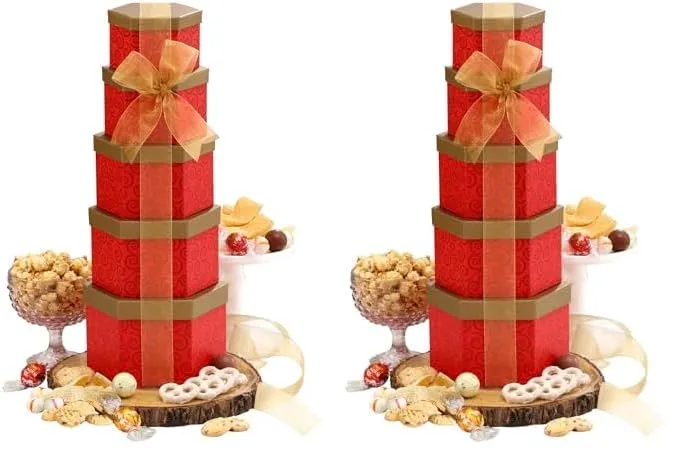 Broadway Basketeers Chocolate and Sweets Ruby Red Gift Tower, Anniversary, Birthday, Thinking of You for Women, Wife, Girlfriend, Her or Him (Pack of 2)