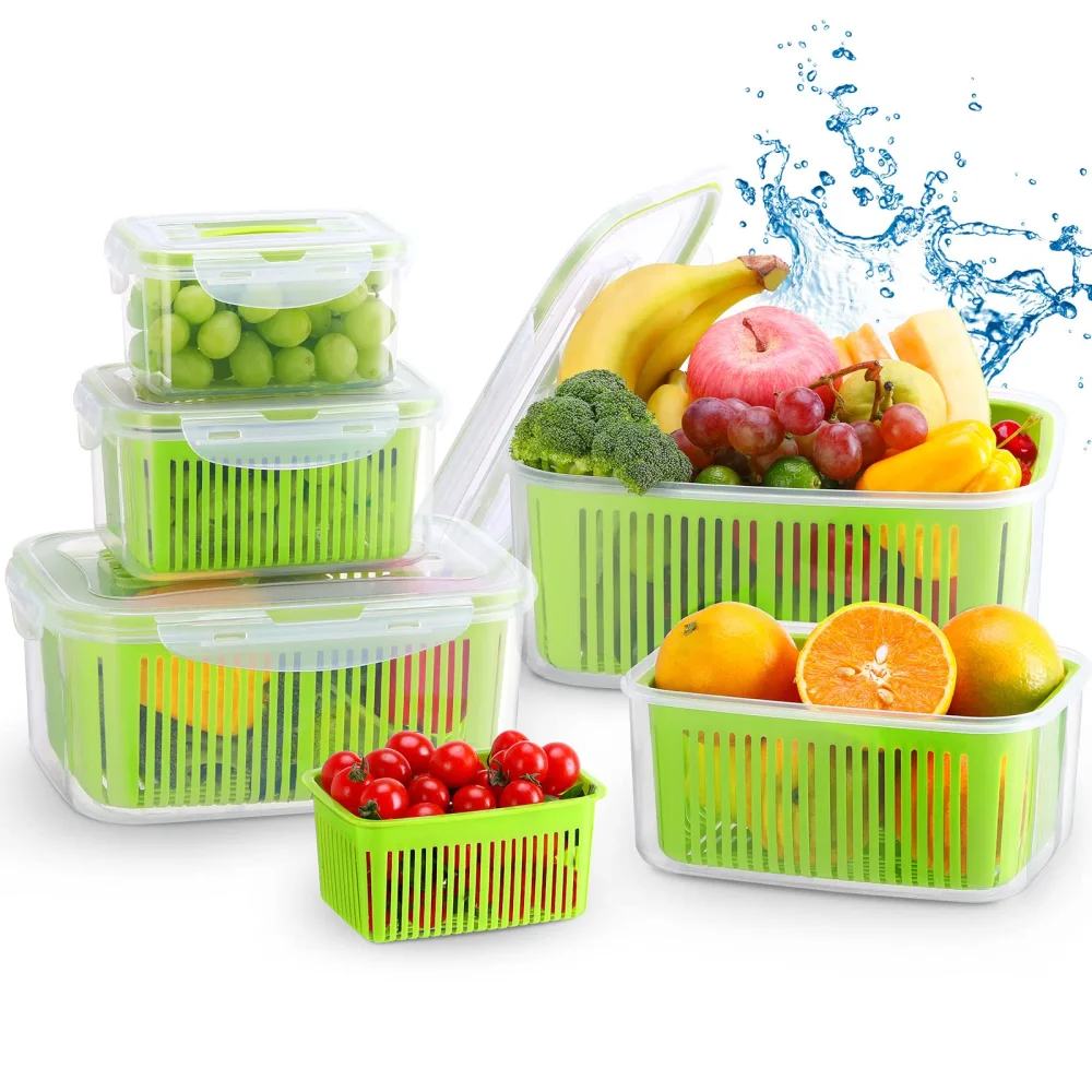 LUXEAR Fruit Vegetable Produce Storage Saver Containers with Lid & Colander 5 Packs BPA-Free Plastic Fresh Keeper Set | Refrigerator Fridge Organizer | for Salad Berry Lettuce Food Celery - Green