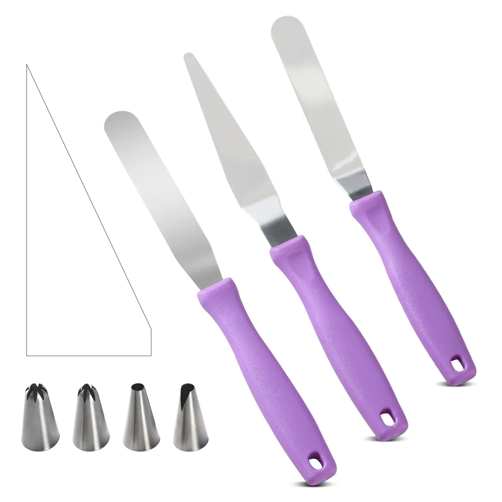 Icing Spatulas Pack of 3 with Piping Nozzles 4pcs+Piping Bags 10pcs,4" Stainless Steel Blades,Durable Plastic Handle,Decorate Cakes and Desserts Kit (Purple)