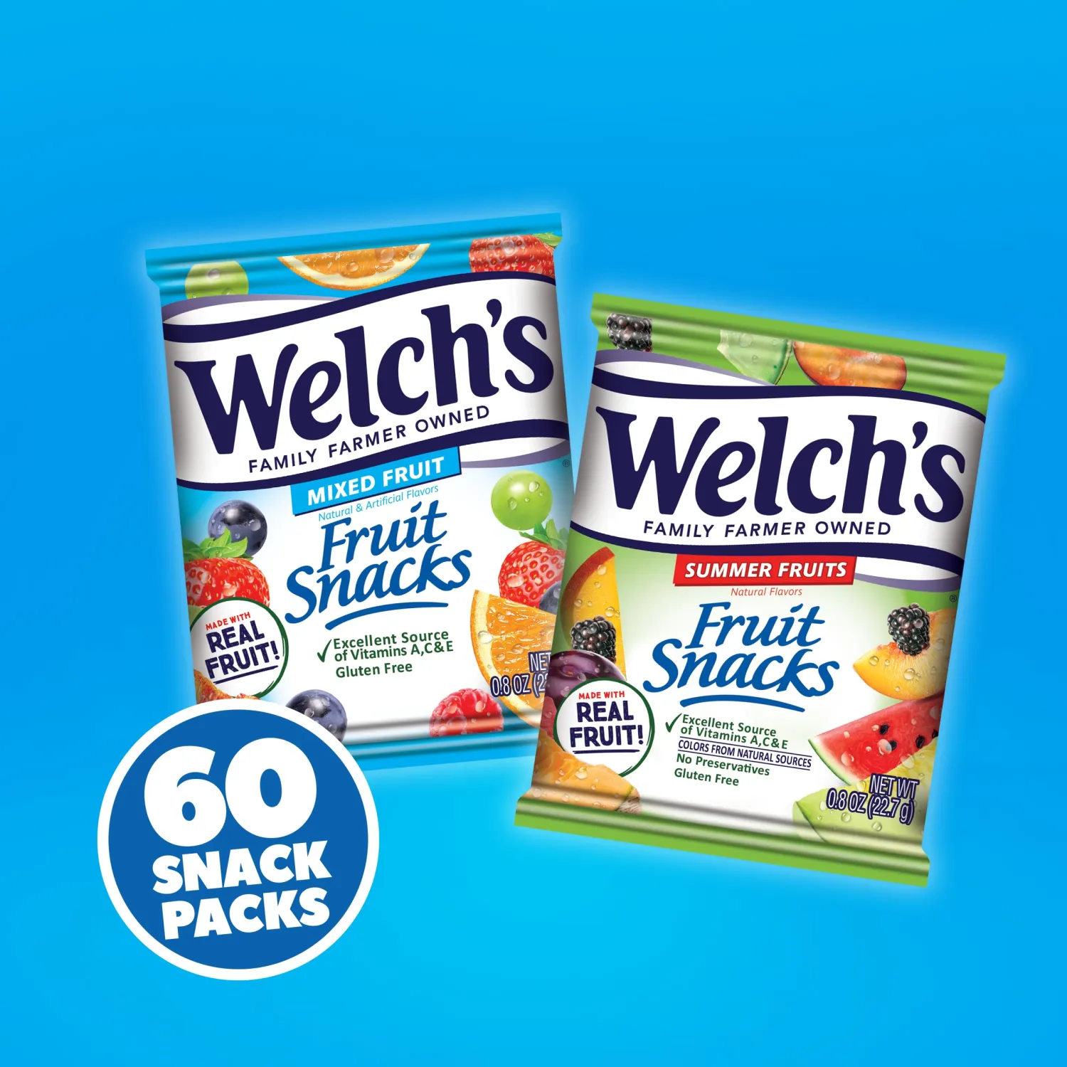 Welch's Fruit Snacks, Mixed Fruit & Summer Fruits Variety Pack, Great for School Lunches, Bulk Pack, Individual Single Serve Bags, 0.8 oz (Pack of 60)