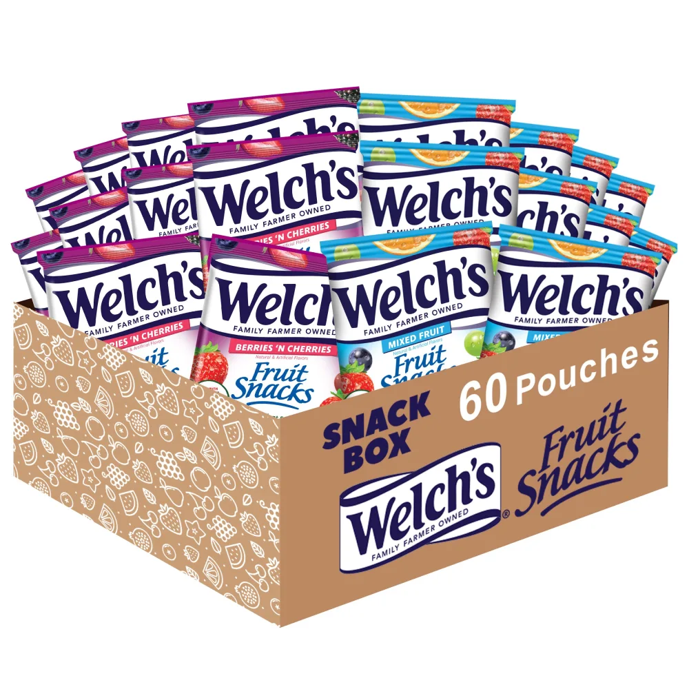 Welch's Fruit Snacks, Mixed Fruit & Berries 'N Cherries Variety Pack, Perfect Stocking Stuffer, Bulk Pack, Gluten Free, Individual Single Serve Bags, 0.8 oz (Pack of 60)