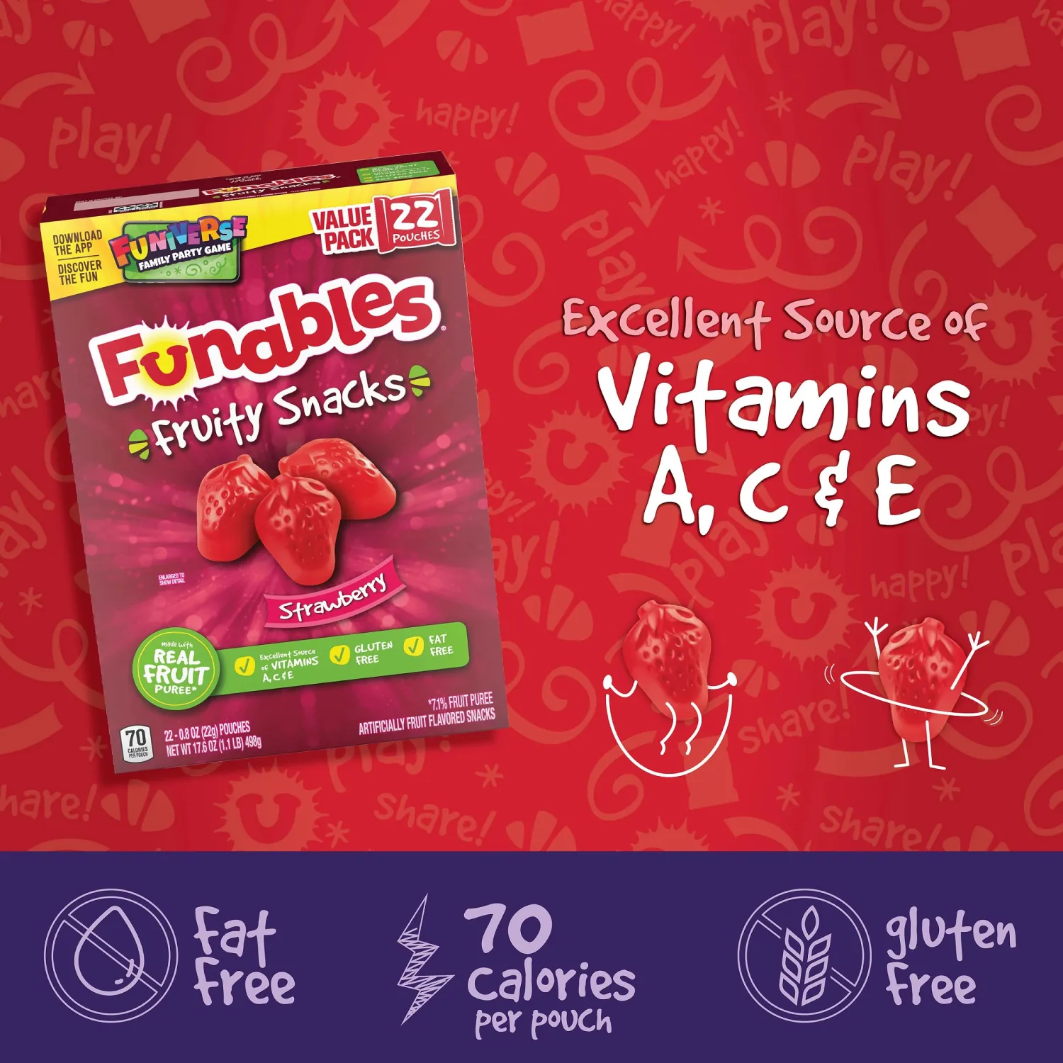 Funables Fruit Snacks, Strawberry Fruit Flavored Snacks, 0.8 Ounce Pouches (22 Count)