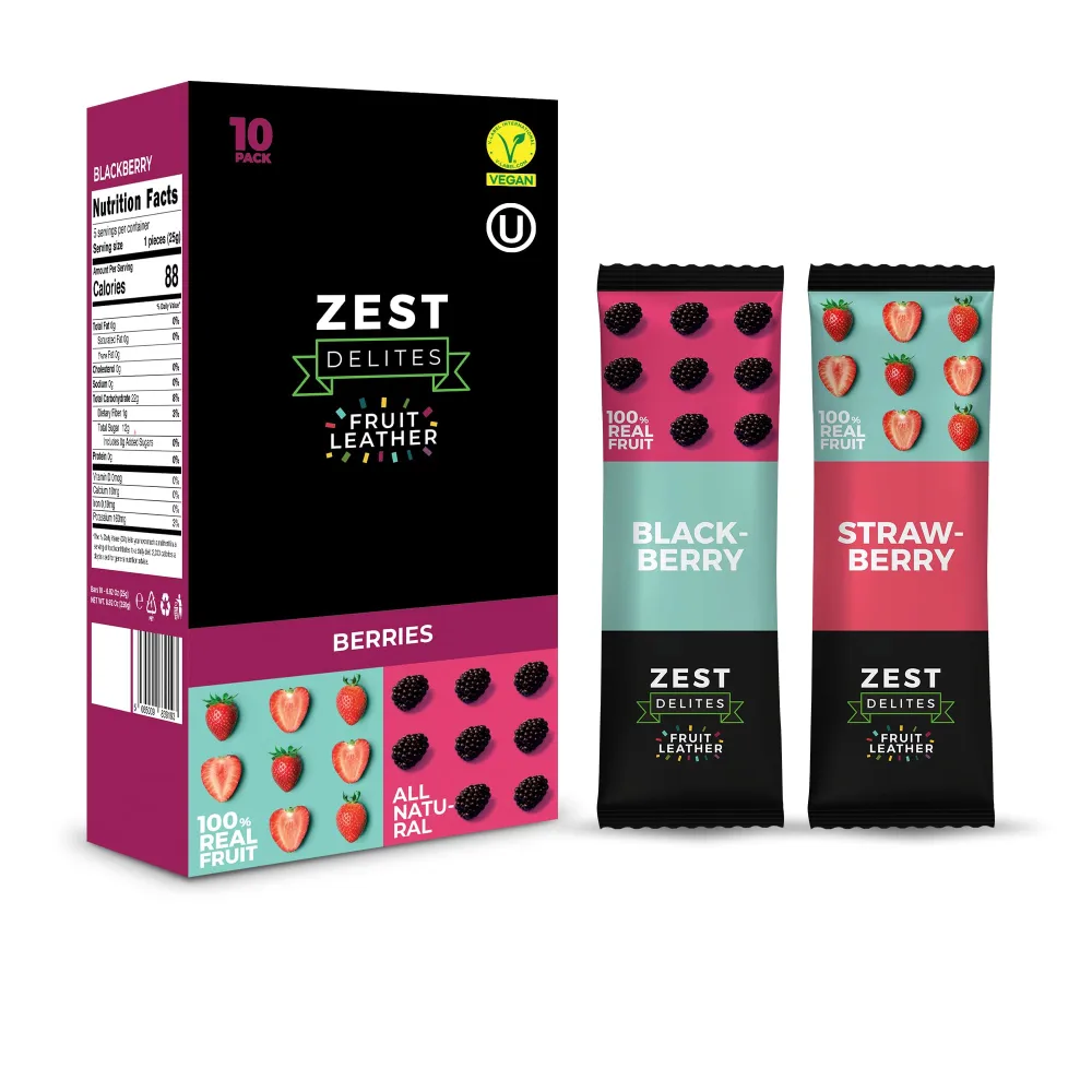 Dried Fruit Bars by Zest Delites, Fruit Leather, Fruit Strips, Healthy Snacks Pack for Adults, Fruit Snacks Individual Packs, Lavashak, Blackberry, Strawberry, 0.88 oz x 10