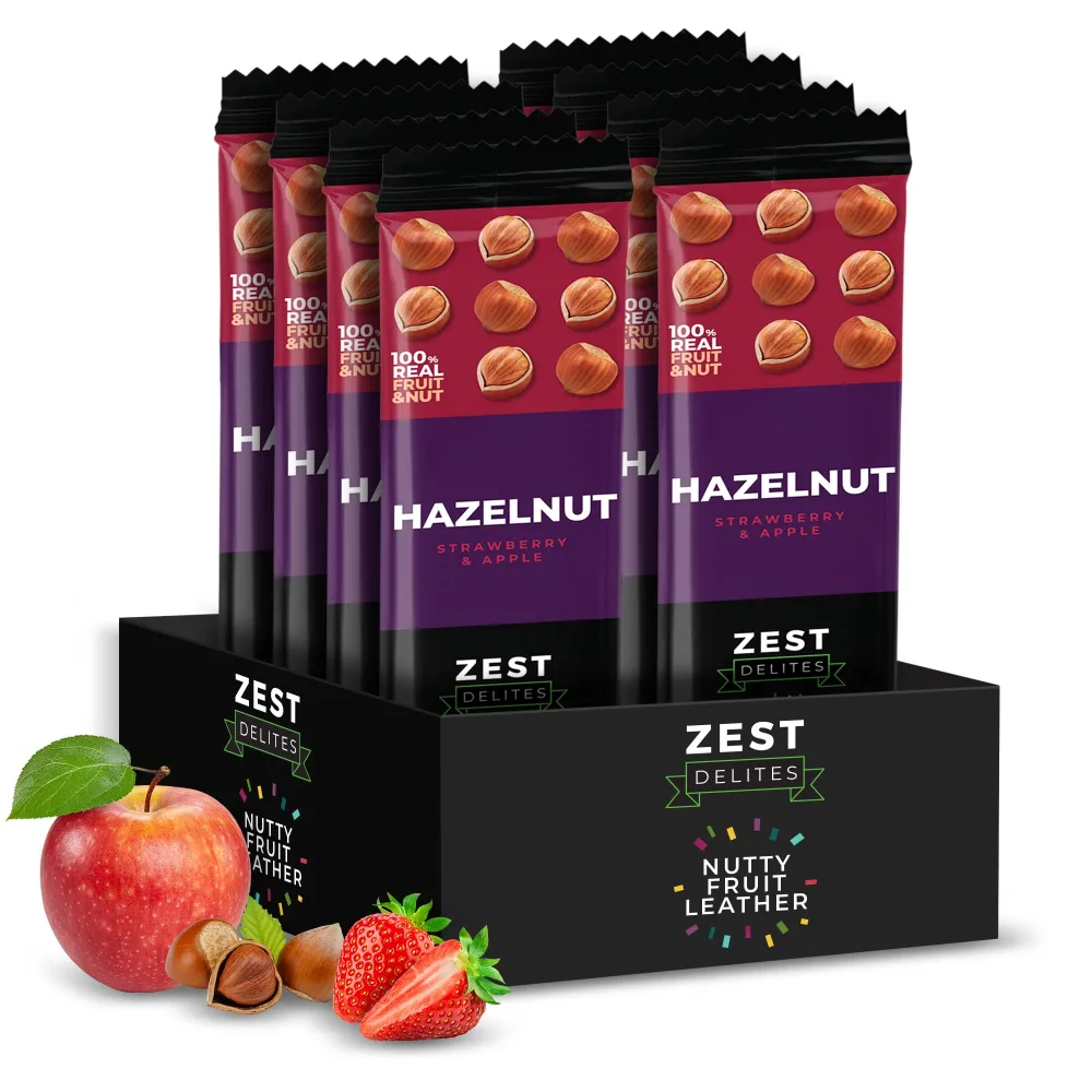 Zest Delites Fruit Leather Snacks with Hazelnuts, Fruit Roll Ups, Fruit Bars, Vegan Gluten Free Snacks, Fruit Leather Healthy Snacks Bulk Pack, Healthy Snacks for Adults, 0.88 oz x 8