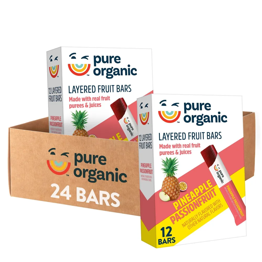 Pure Organic Layered Fruit Bars, Gluten Free, Vegan Fruit Snacks, Pineapple Passionfruit (2 Boxes, 24 Bars)