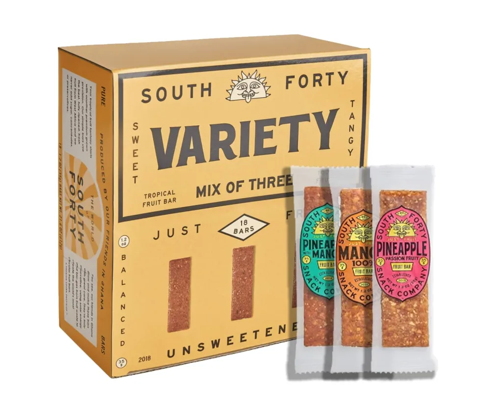 South 40 Snacks Mix of 3 Premium Tropical Fruit Bars Variety Pack, Just 1-3 Ingredients, Mango and Pineapple Based with Passionfruit and Lime, Unsweetened, No Added Sugar, Individually Wrapped (35g Bar, Pack of 18)