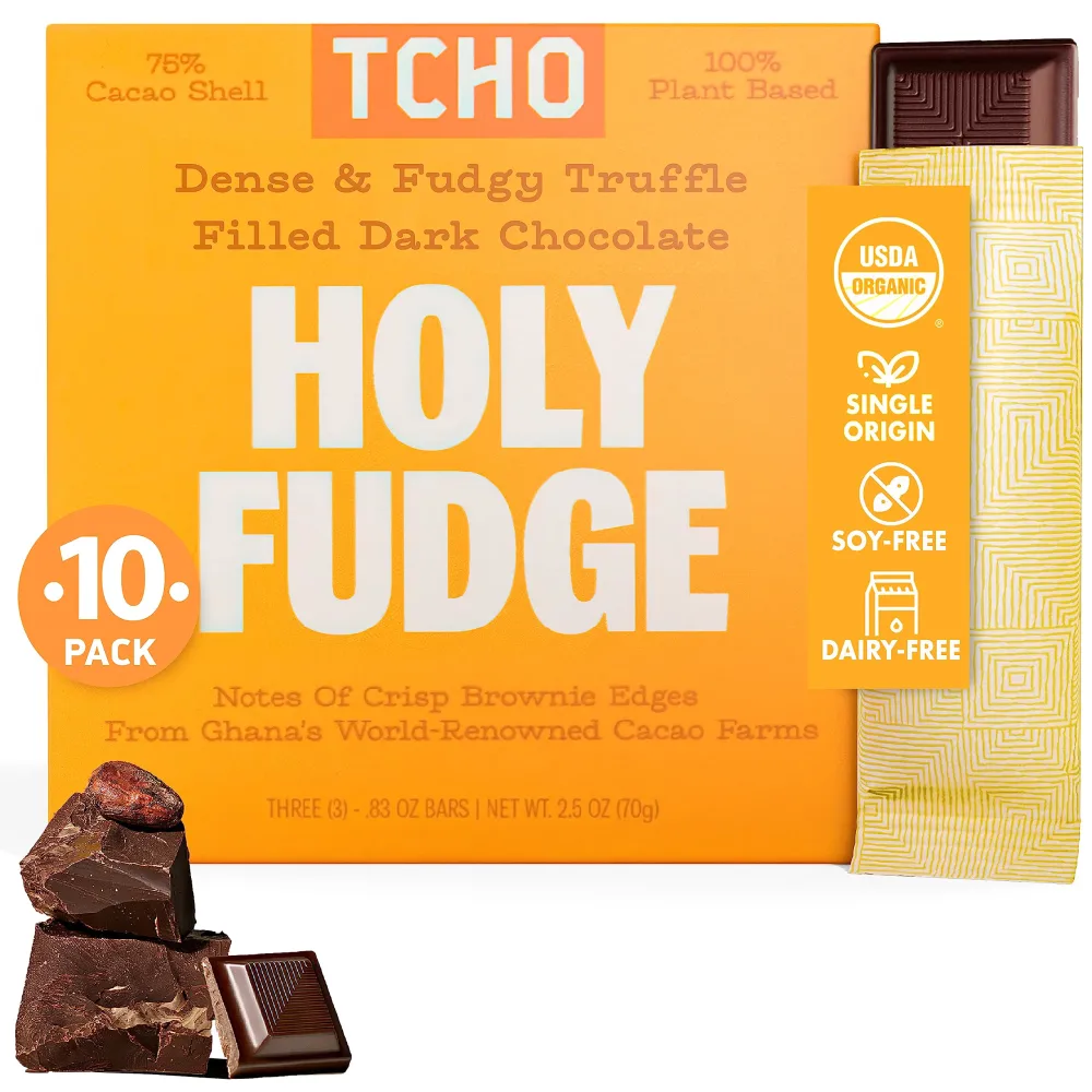 TCHO Holy Fudge 76% Dark Chocolate Bars (10 pack) | Single Origin, Plant Based, Organic & Fair Trade, | Non GMO, Non-Dairy, Vegan Chocolate, Soy Free (2.5oz each)