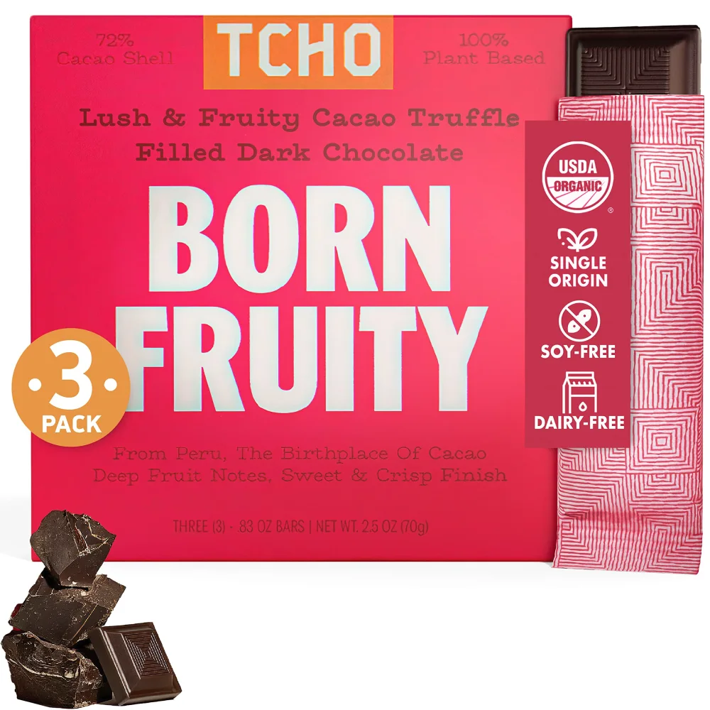 TCHO Born Fruity 72% Dark Chocolate Bars (3 pack) | Single Origin, Plant Based, Organic & Fair Trade, | Non GMO, Non-Dairy, Vegan, Soy Free (2.5oz each)