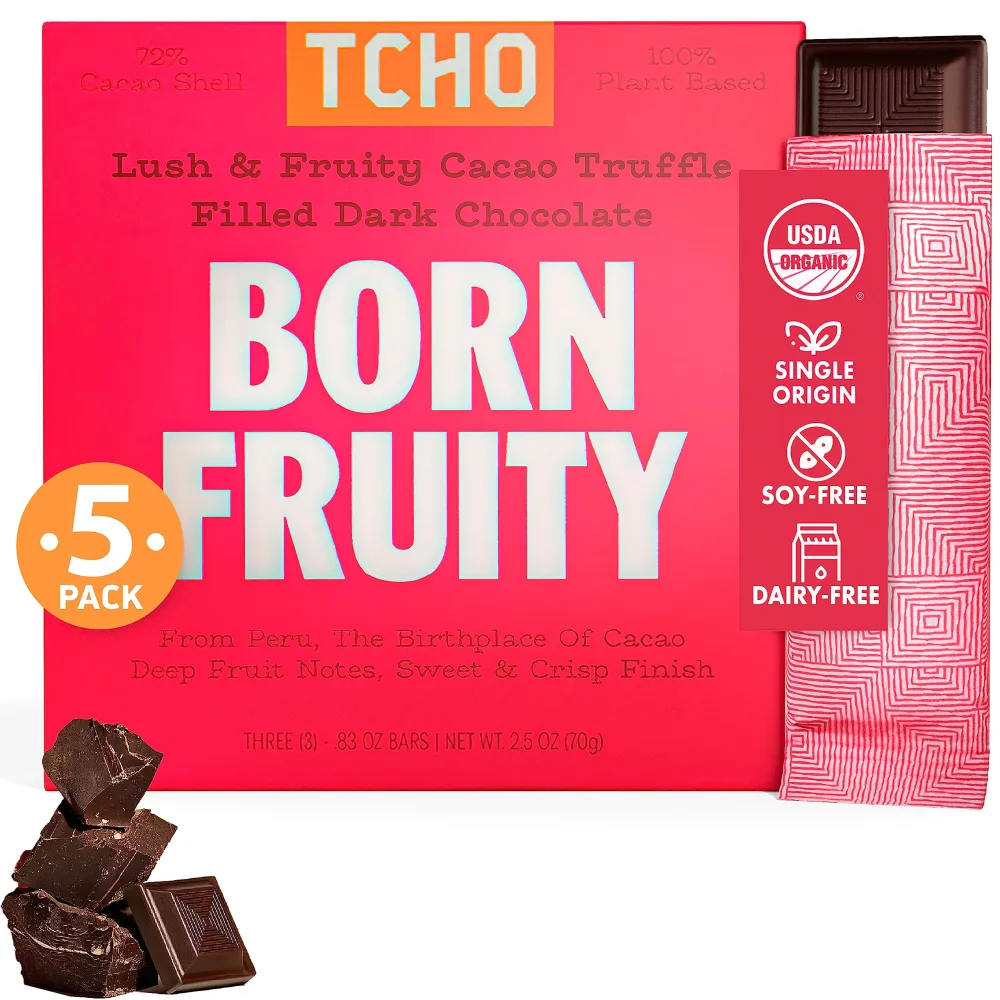 TCHO Born Fruity 72% Dark Chocolate Bars (5 pack) | Single Origin, Plant Based, Organic & Fair Trade, | Non GMO, Non-Dairy, Vegan Chocolate, Soy Free (2.5oz each)