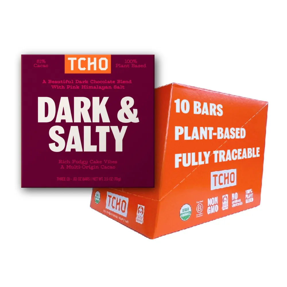 TCHO Dark & Salty 81% Dark Chocolate Bars (10 pack) - Single Origin, Plant Based, Organic & Fair Trade - Non GMO, Non-Dairy, Vegan, Soy Free (2.5oz each) - Perfect for All Occasions