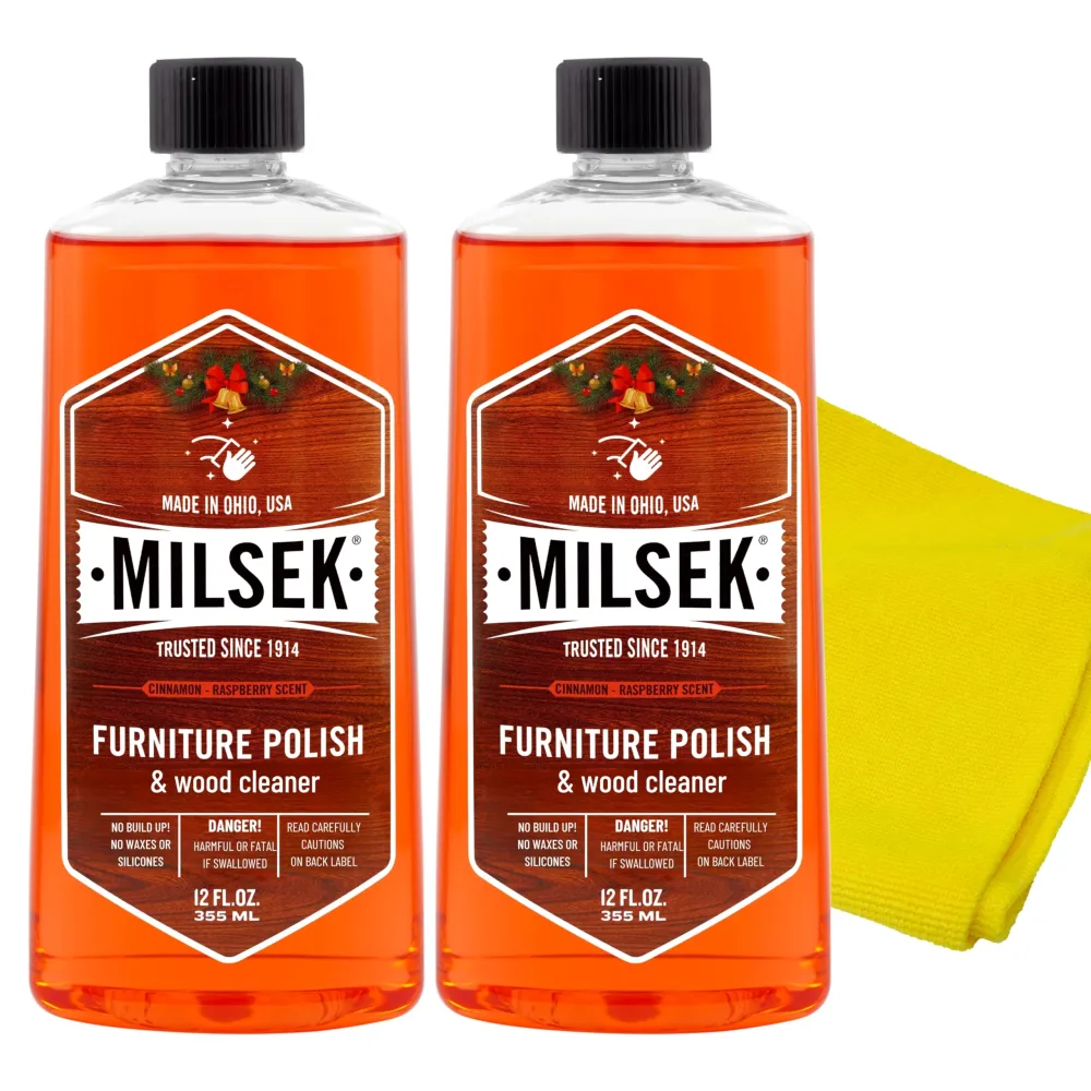 Milsek Furniture Polish and Wood Cleaner with Cinnamon Raspberry Scent - for Home and Household from Hardwood Floors to Kitchen Cabinets - 12 Fl Oz (Pack of 2) with Microfiber Towel