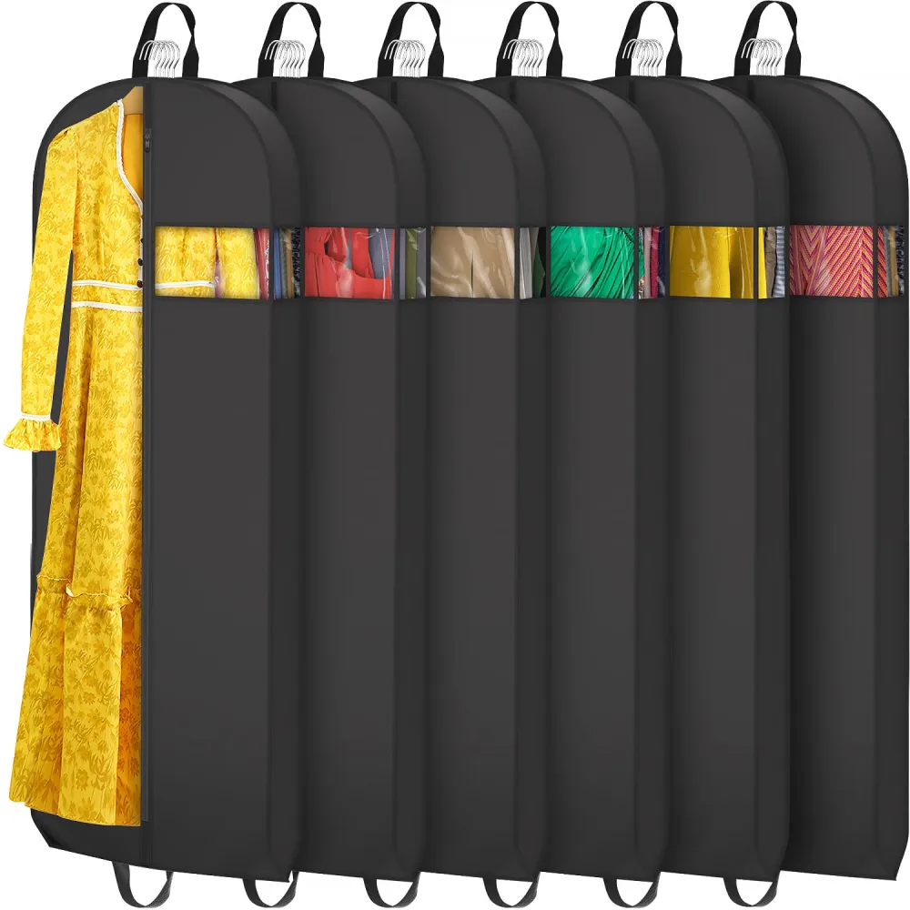 60" Dress Bags for Gowns Long Garment Bags for Travel 4" Gussetes for Hanging Clothes Closet Storage, for Fur Coat Wedding dress Down Jacket 6 Packs