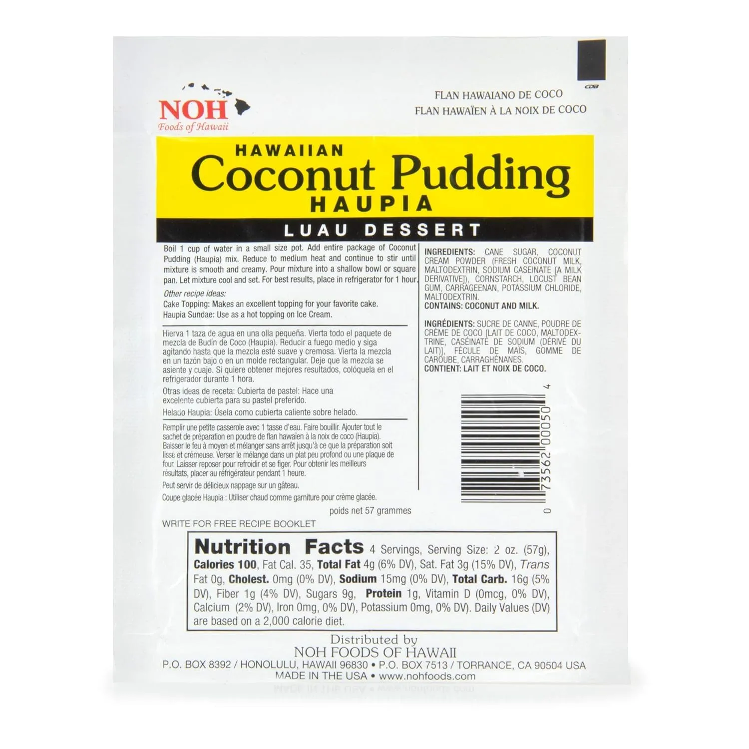 NOH Foods of Hawaii four serving seasoning packets 1.5 oz Pack of 3 Taste the flavor of Hawaii with each unique and famous meal (Coconut Pudding (Haupia))