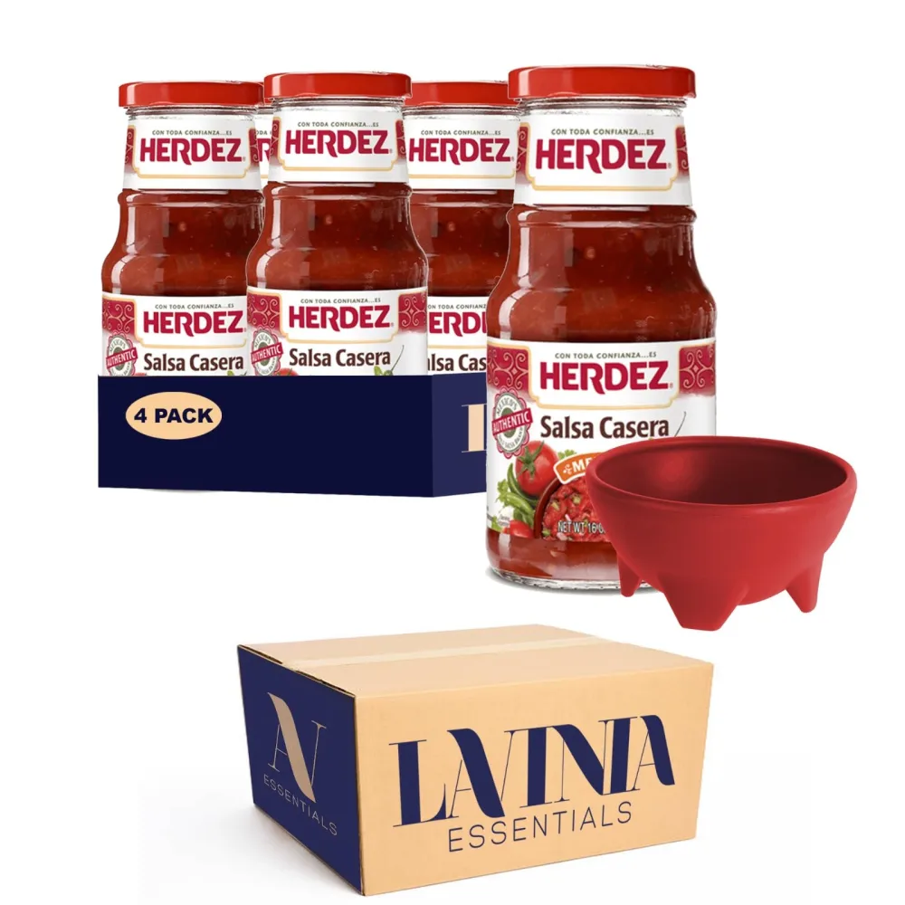 Herdez 4-Pack of Salsa Roja Casera Medium 16oz Glass Bottle + 1-10 oz Plastic Salsa Serving Bowl by Lavinia Essentials Brand