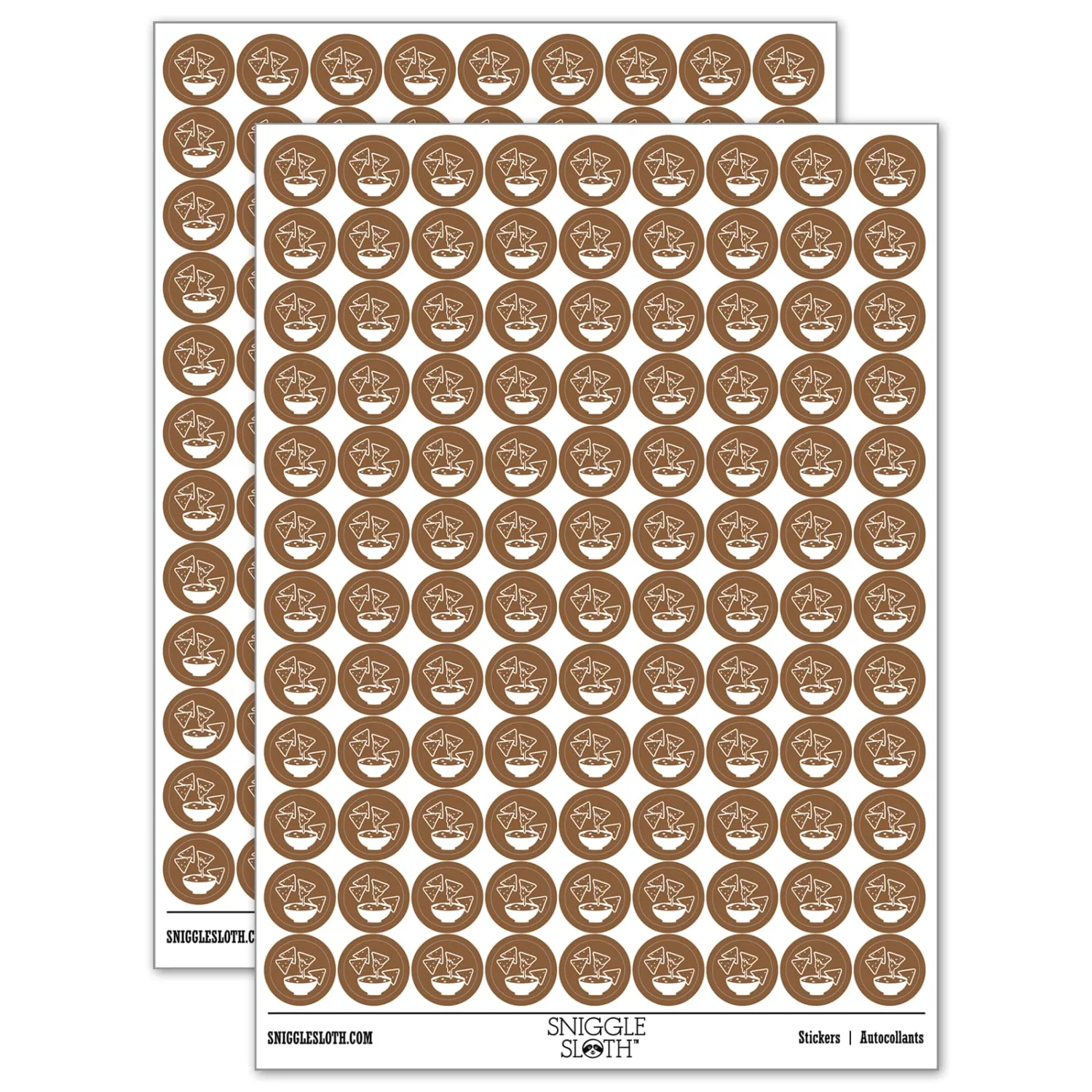 Tortilla Chips and Dip Salsa Cheese Guacamole 200+ Round Stickers - Gloss Finish - 0.50" Size - Brown