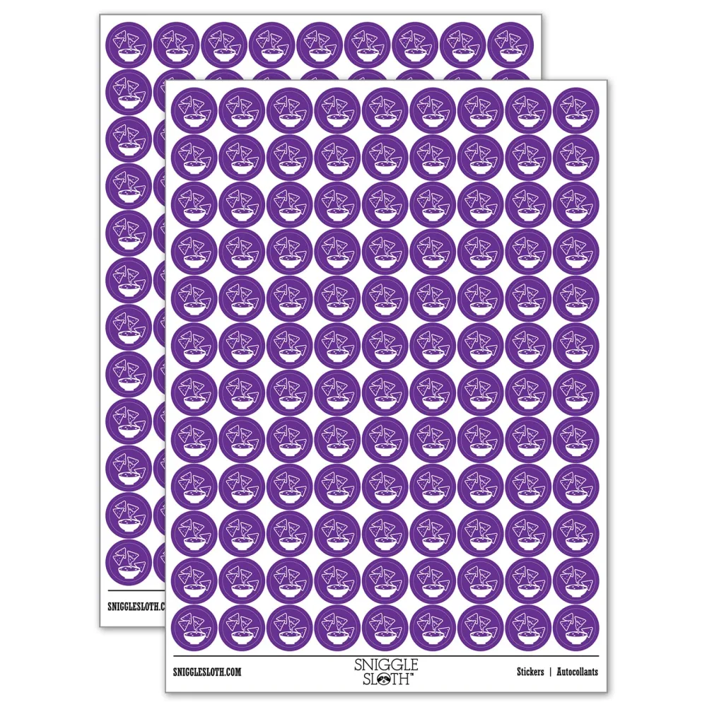 Tortilla Chips and Dip Salsa Cheese Guacamole 200+ Round Stickers - Matte Finish - 0.50" Size - Purple