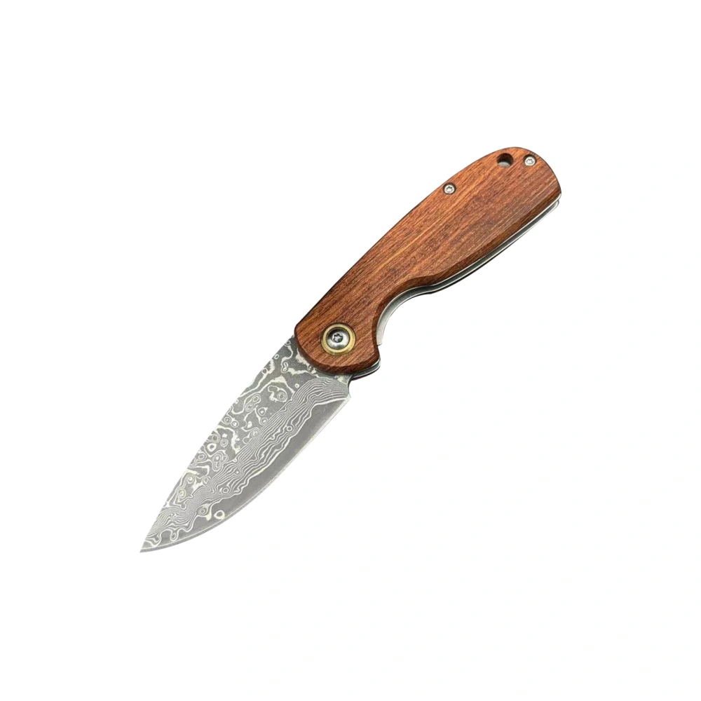 Mini Camping Folding Pocket Knife Damascus Blade, Wooden Hand Grip