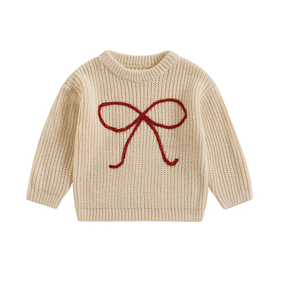 Girl Fall Sweater Bowknot Embroidery Long Sleeve Round Neck Pullover