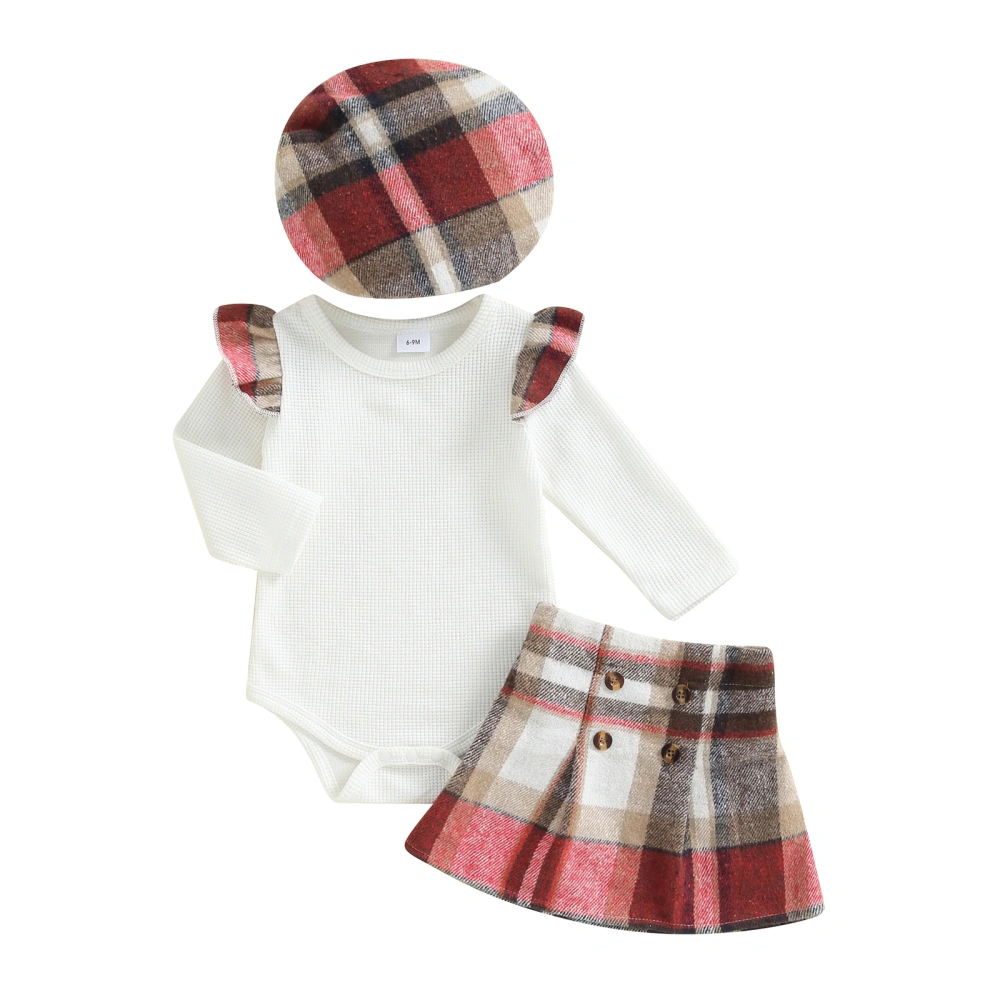 Baby Girl Fall Outfit Long Sleeve Romper Plaid A-Line Skirt Beret Set 