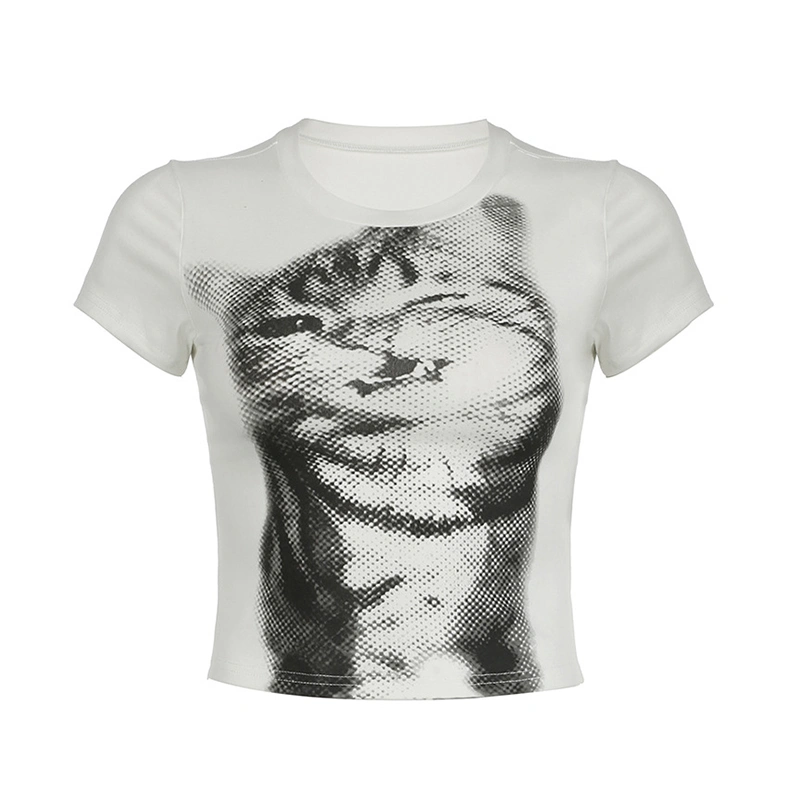 Women T-shirt, Short Sleeve Cat Print Crop Top Summer Streetwear