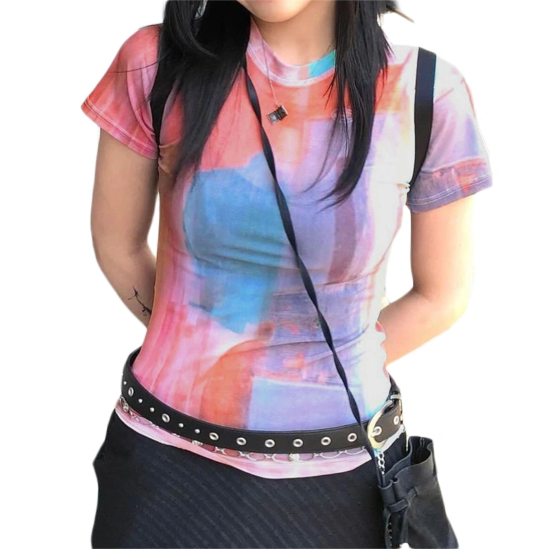 Women's Slim Tops Contrast Color Short Sleeve Crew Neck T-Shirt